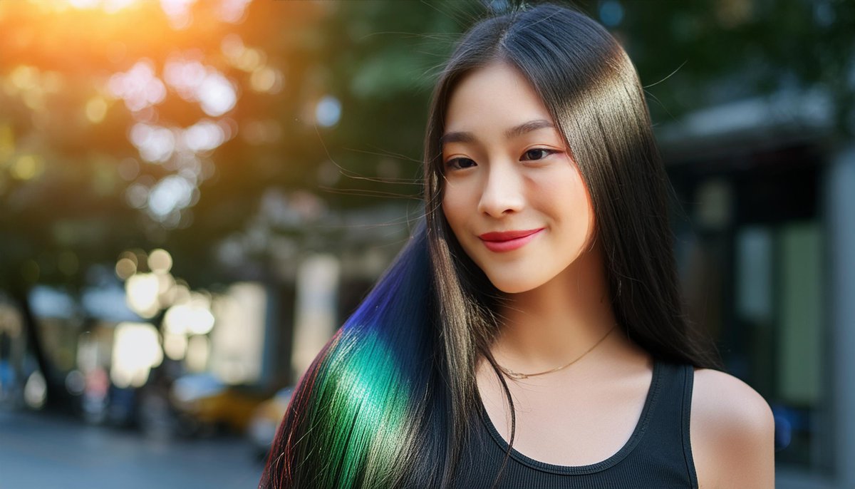 iridescent black hair Model: Adobe Firefly 3 Content Type: Photo #communityxadobe #adobefirefly Prompt: Masterpiece photography of a stunning girl with long, iridescent black hair. She wears a black tank top. The intricate details are detailed. The sunlight passes through…