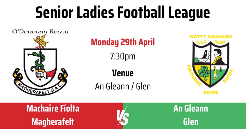 🇦🇹| Senior Ladies Football League 🆚 Glen 🗓️ Monday 29th April ⏰ 7:30pm 🏟️ Glen 🏆 Senior Ladies Football League Come and support the girls. 🇦🇹