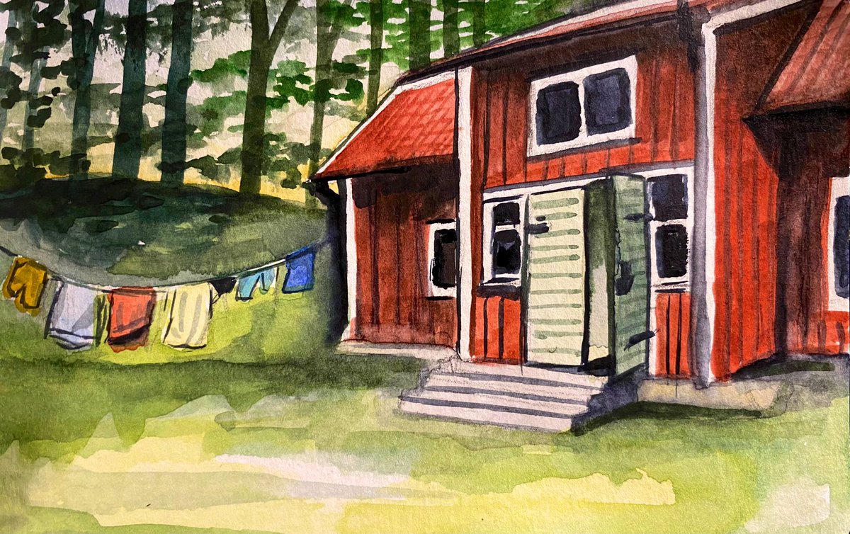 It’s been the perfect day here in Essex for @Monday4Laundry Three loads of washing done, two dried outside in the garden.☀️ 🧺 #Monday4Laundry Here’s one of last year’s watercolours of a washing line in Sweden. 🇸🇪