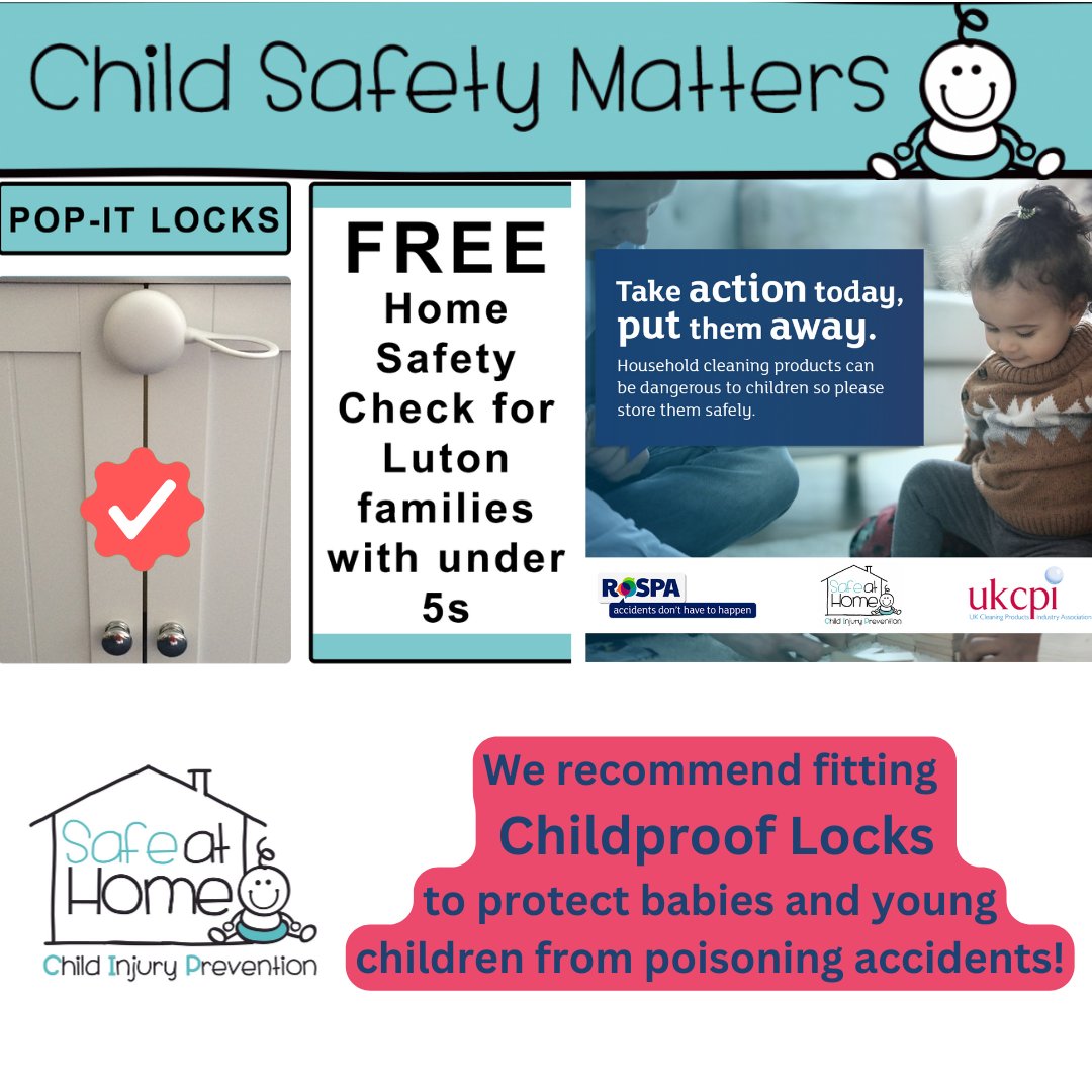 #TakeActionTodayPutThemAway is a @RoSPA @SafeatHomeCIP campaign to raise awareness of childhood poisoning accidents ie: ⚠️Cleaning products and Medicines. #Luton families can apply online for a free home safety check: safeathomecip.org.uk/apply-online/