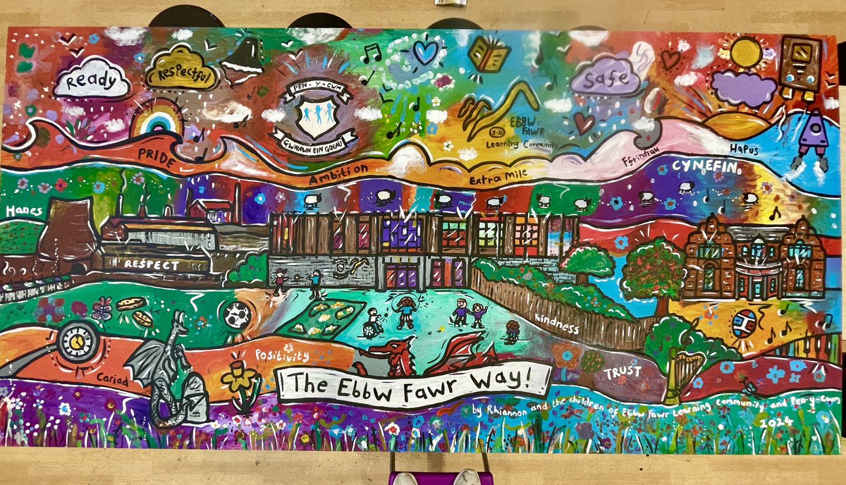 Thank you so much to Ebbw Fawr Learning Community and Ysgol Pen y Cwm for inviting me in to your wonderful schools today to create this colourful mural 💙💚💛🧡❤️💜 I definitely love ‘The Ebbw Fawr Way!’ 😍🎨✨ Da iawn chi blant 👏🏻👏🏻👏🏻