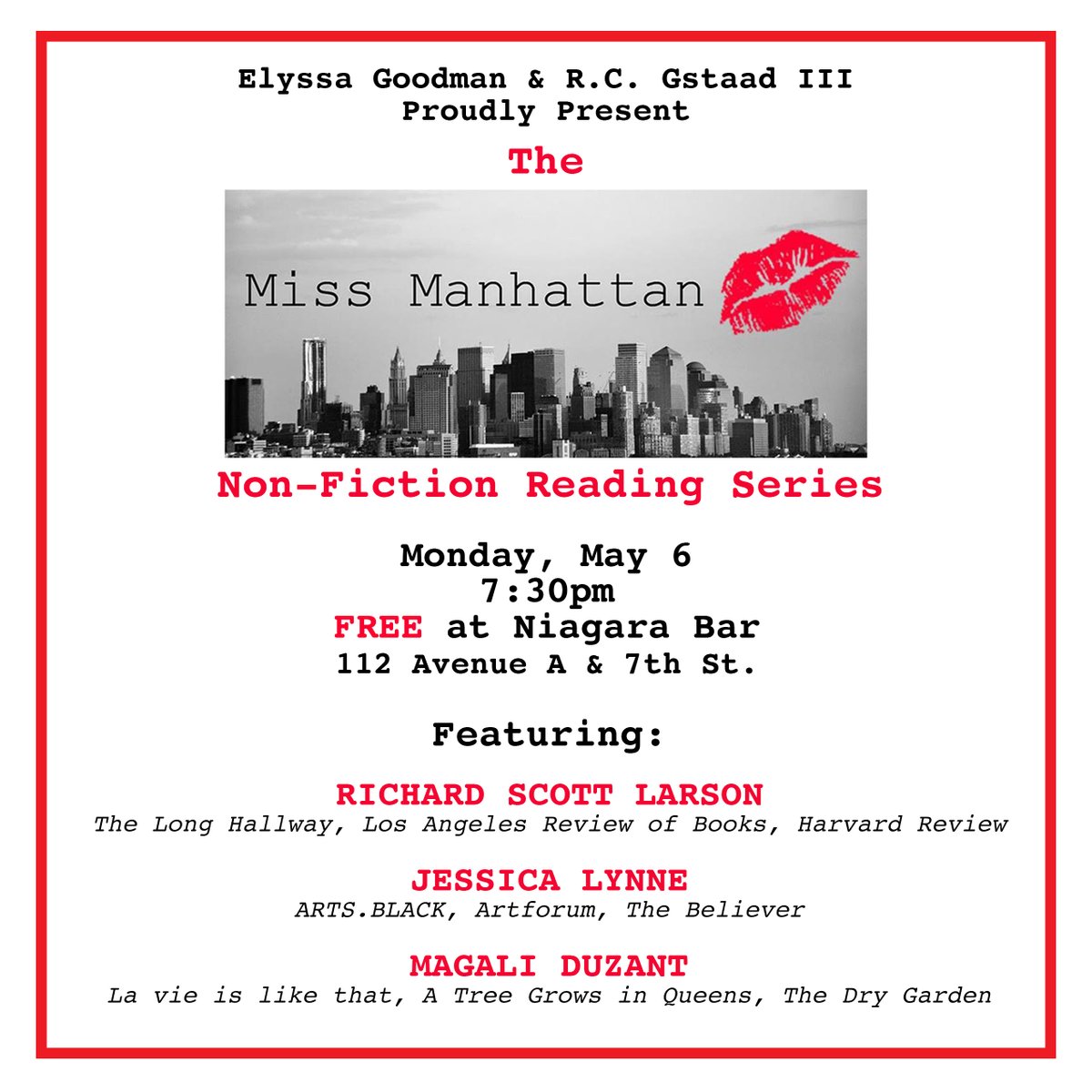 In one week, join us at @NiagaraNYC for the stunning @larsonrichard, @lynne_bias, and Magali Duzant. See you then 💋