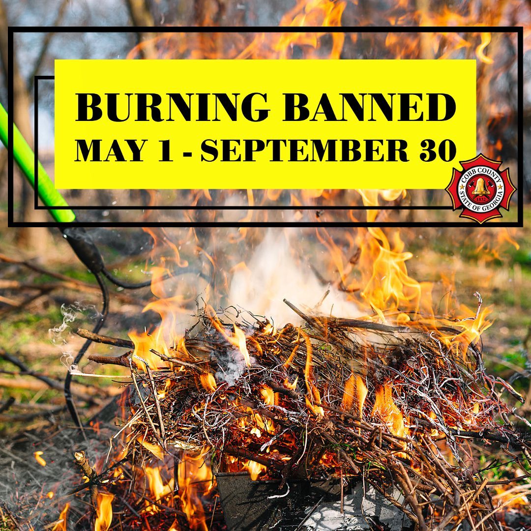 Reminder: Open burning 🔥 is banned 🚫 from May 1 - Sept. 30 in Cobb County. You may not burn leaves, tree limbs or other yard waste. There is a year-round state ban burning household garbage. More: bit.ly/4aPeCdD #cobbfire #burnban #burning #GAcode