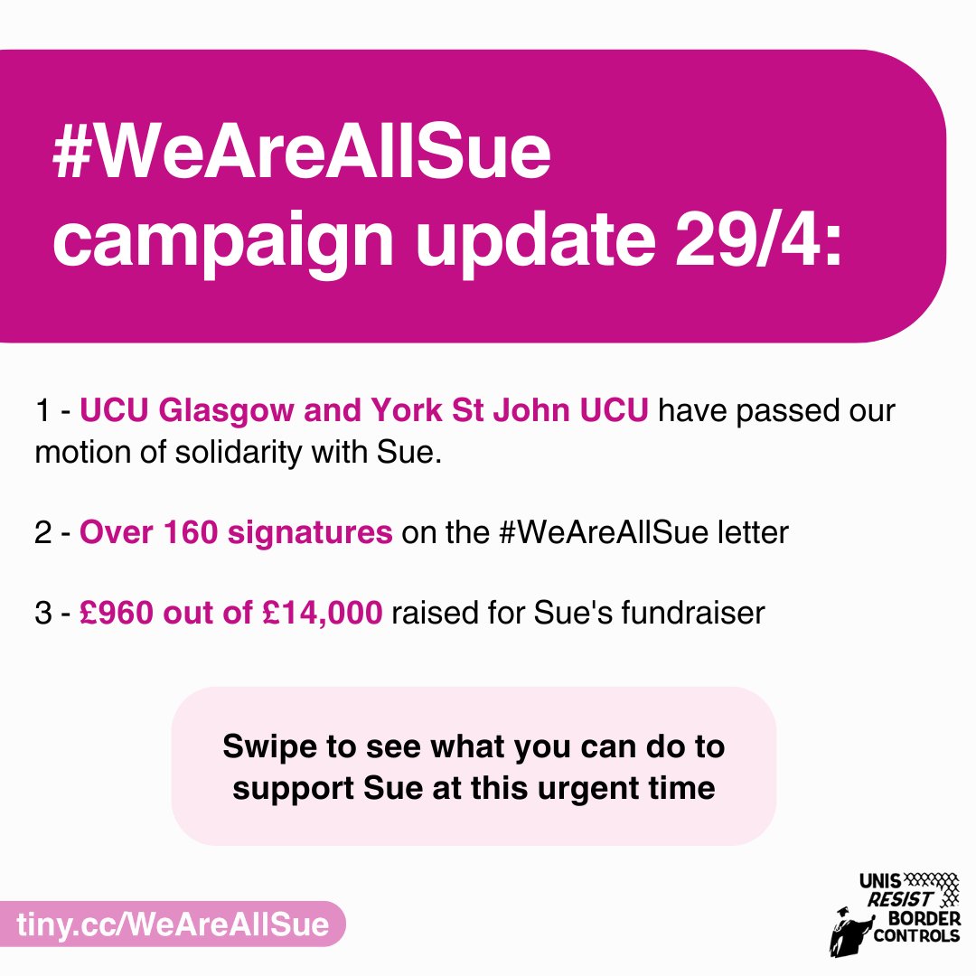 UnisResistBorders #WearAMask #BordersKillKnowledge (@unisnotborders) on Twitter photo 📢📢#WeAreAllSue campaign update!
Since Monday 22 April, we've accomplished the following:
1. Support from 2 <a href="/ucu/">UCU</a> branches -- @UCUGlasgow <a href="/UCU_YSJ/">York St John UCU</a> .
2. Over 160 signatures on Sue's letter to <a href="/UniofNewcastle/">Newcastle University</a> management.
3. £960 out of £14,000 raised for her fundraiser.
🧵 📢📢#WeAreAllSue campaign update!
Since Monday 22 April, we've accomplished the following:
1. Support from 2 <a href="/ucu/">UCU</a> branches -- @UCUGlasgow <a href="/UCU_YSJ/">York St John UCU</a> .
2. Over 160 signatures on Sue's letter to <a href="/UniofNewcastle/">Newcastle University</a> management.
3. £960 out of £14,000 raised for her fundraiser.
🧵