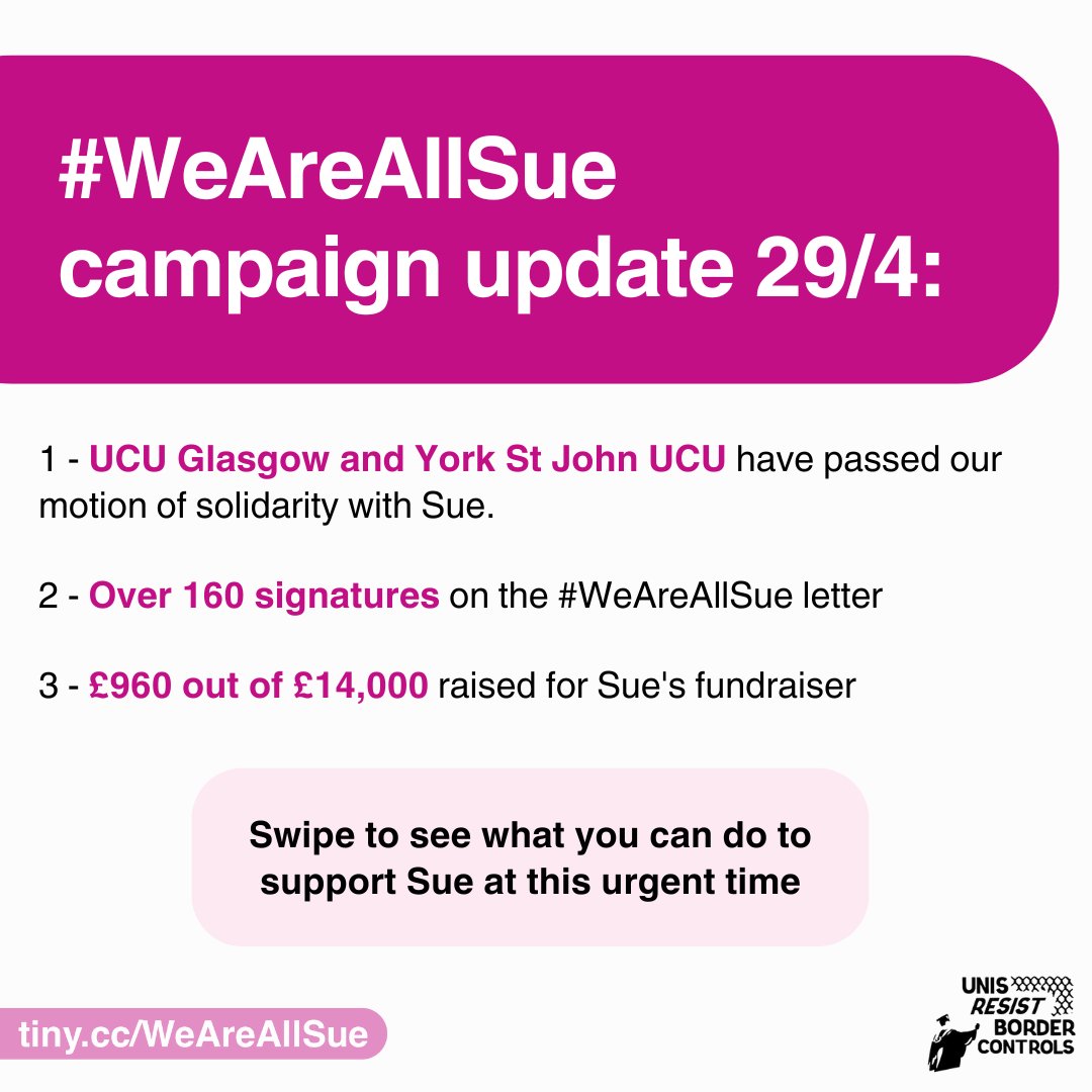 📢📢#WeAreAllSue campaign update! Since Monday 22 April, we've accomplished the following: 1. Support from 2 @ucu branches -- @UCUGlasgow @UCU_YSJ . 2. Over 160 signatures on Sue's letter to @UniofNewcastle management. 3. £960 out of £14,000 raised for her fundraiser. 🧵