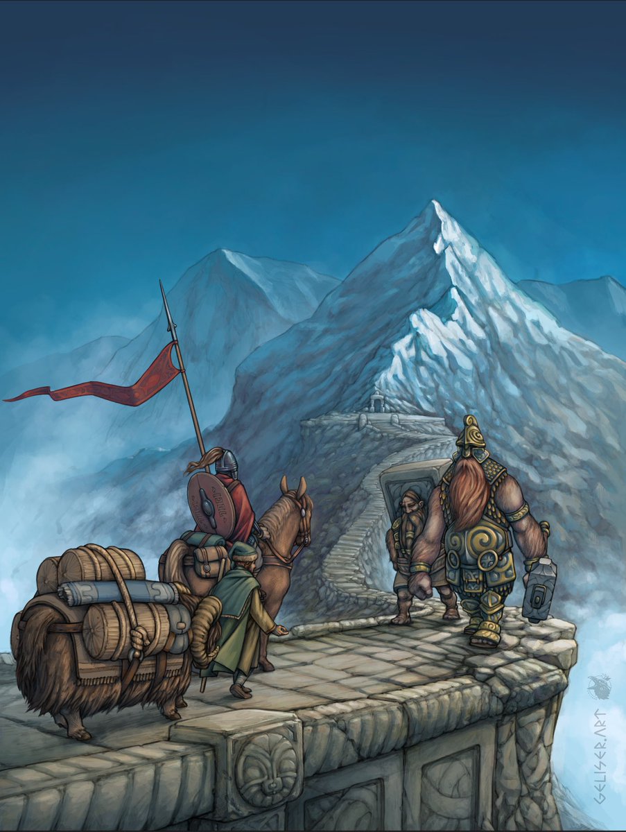A meeting between eligian merchants and Rotgard giants from the Jottstain pass.
A Worldbuilding illustration.