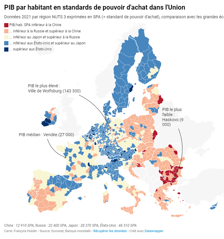 aympontier's tweet photo. Le PIB par habitant en standards de pouvoir d'achat dans l'UE : en bleu foncé, les rares territoires où les européens sont plus riches que les américains. En bleu clair, ceux + riches que les japonais. En jaune, ceux + riches que les russes.

Source : https://t.co/jLhfIO3vd1