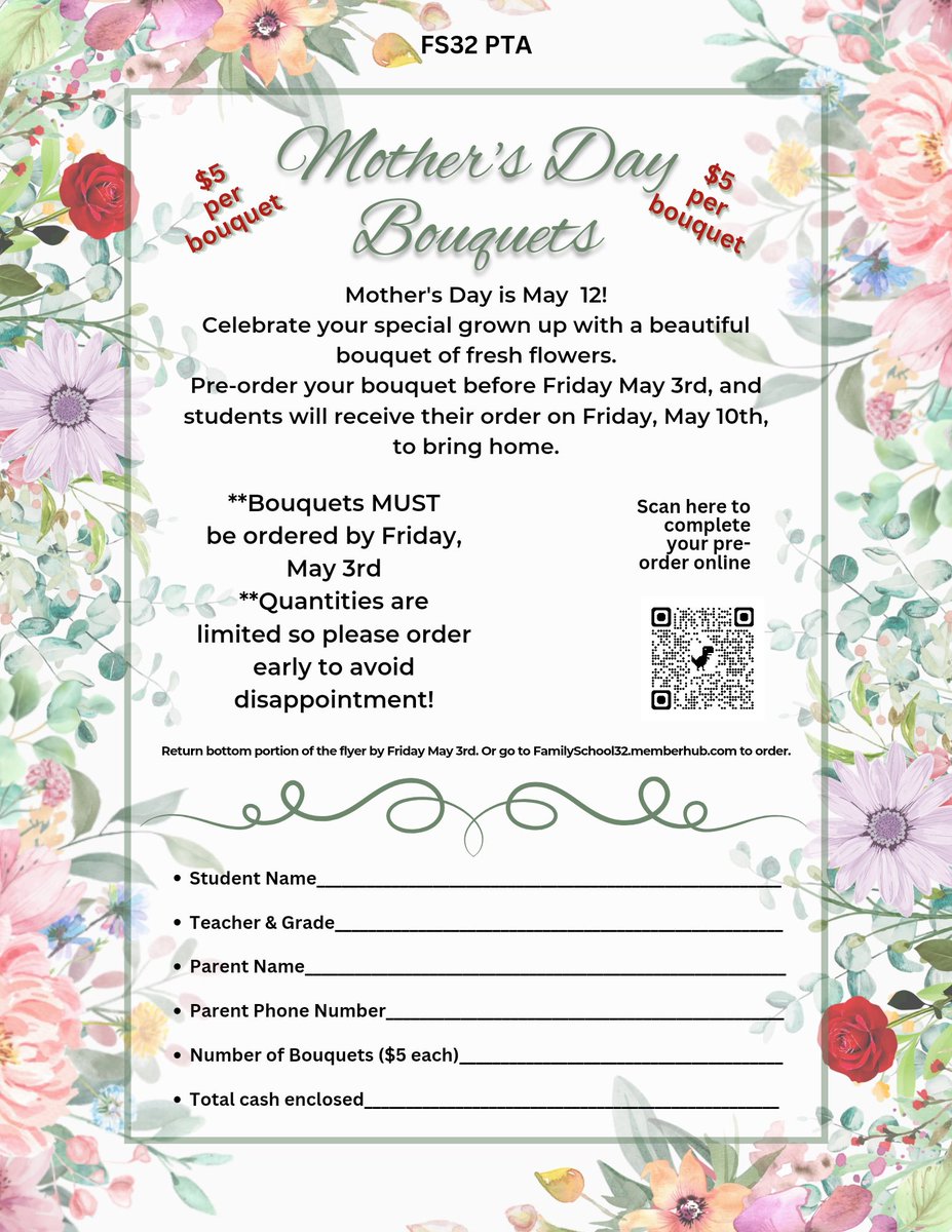 FS32PTA's tweet photo. Our PTA is selling fresh flower bouquets for Mother’s Day!💐 
Pre-order only,  now through Friday, May 3rd. Bouquets will be distributed to students on Friday, May 10th.

Link to purchase online:

https://t.co/6HRY4uK81w

@andrew19668348 @FamilySchool321 @nev_dana https://t.co/7d6mZPJLXf