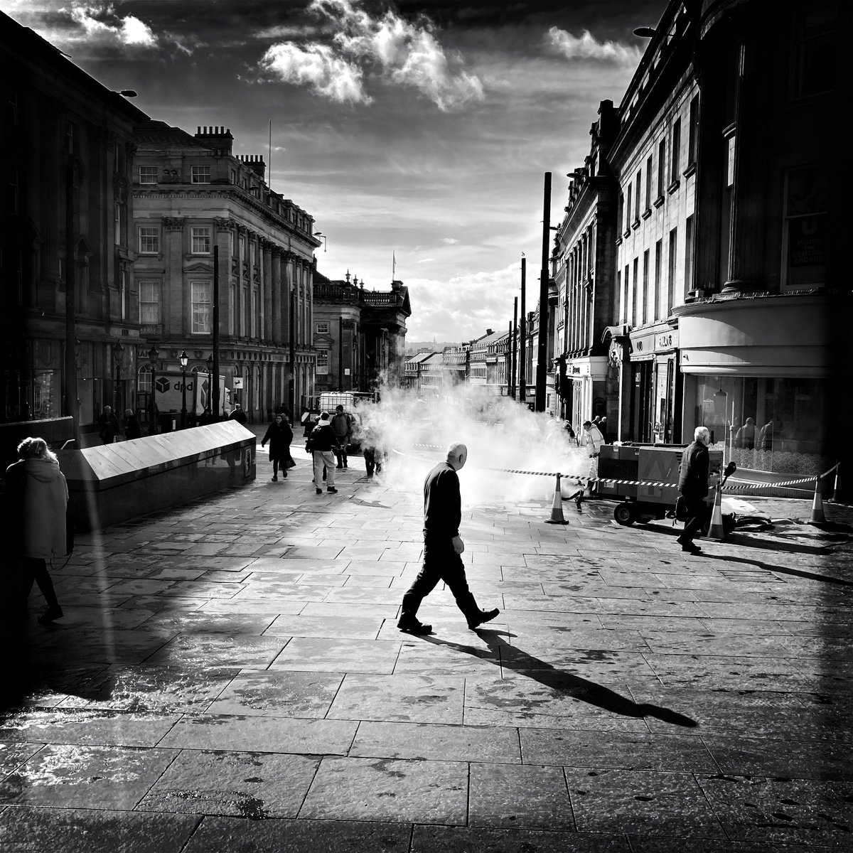Shadows & steam. Grey Street, Newcastle. April, 2024.