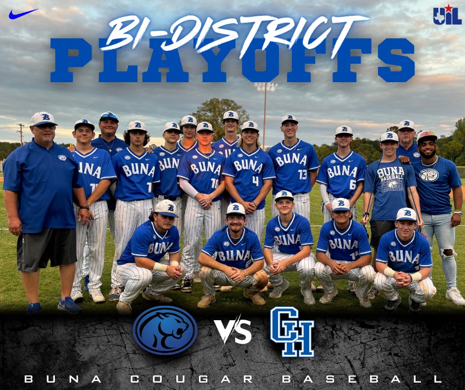 Buna Baseball (@bunabaseball) on Twitter photo Buna vs Central Heights
Thursday 5/2   7:00 (Visitors)
Friday 5/3   7:00 (Home)
Saturday 5/4/  4:00 if necessary.
All games in Jasper Buna vs Central Heights
Thursday 5/2   7:00 (Visitors)
Friday 5/3   7:00 (Home)
Saturday 5/4/  4:00 if necessary.
All games in Jasper