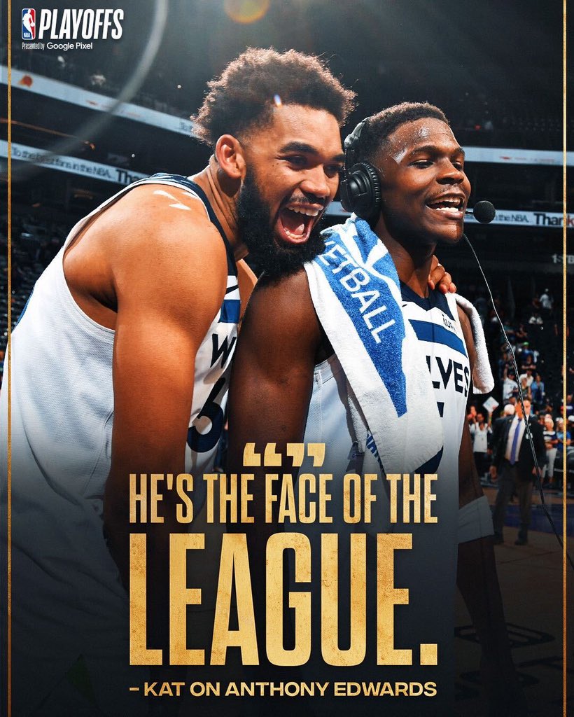 Karl-Anthony Towns with high praise for Anthony Edwards following Ant’s 40-point performance in the @Timberwolves series-clinching win!