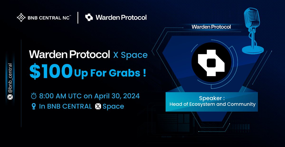 Hey folks, we have scheduled a twitter space ( AMA ) @bnb_central x @wardenprotocol AMA Details: ⏱ Date: 8 AM UTC April 30, 2024 1. To qualify follow : @bnb_central & @wardenprotocol 2. Retweet & Tag 3 friends. 📍Venue: x.com/i/spaces/1MYGN… 🎤Guest: Vincent ,…