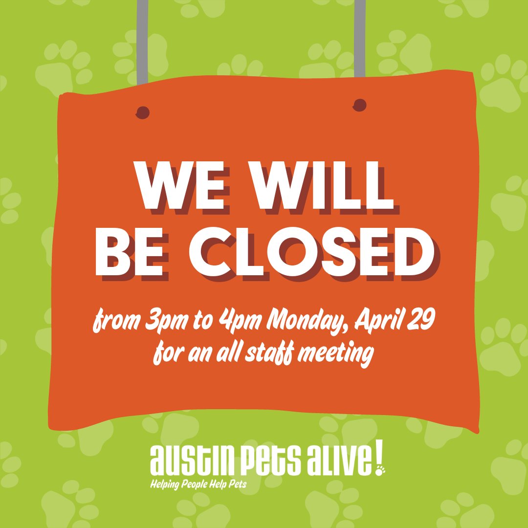 Both Austin Pets Alive! locations (Cesar Chavez and Tarrytown) will be closed to the public this afternoon from 3-4pm for an all staff meeting. We will resume regular business hours at 4pm! 🛍 All APA! Thrift locations will remain open as usual. #austinpetsalive #austintx