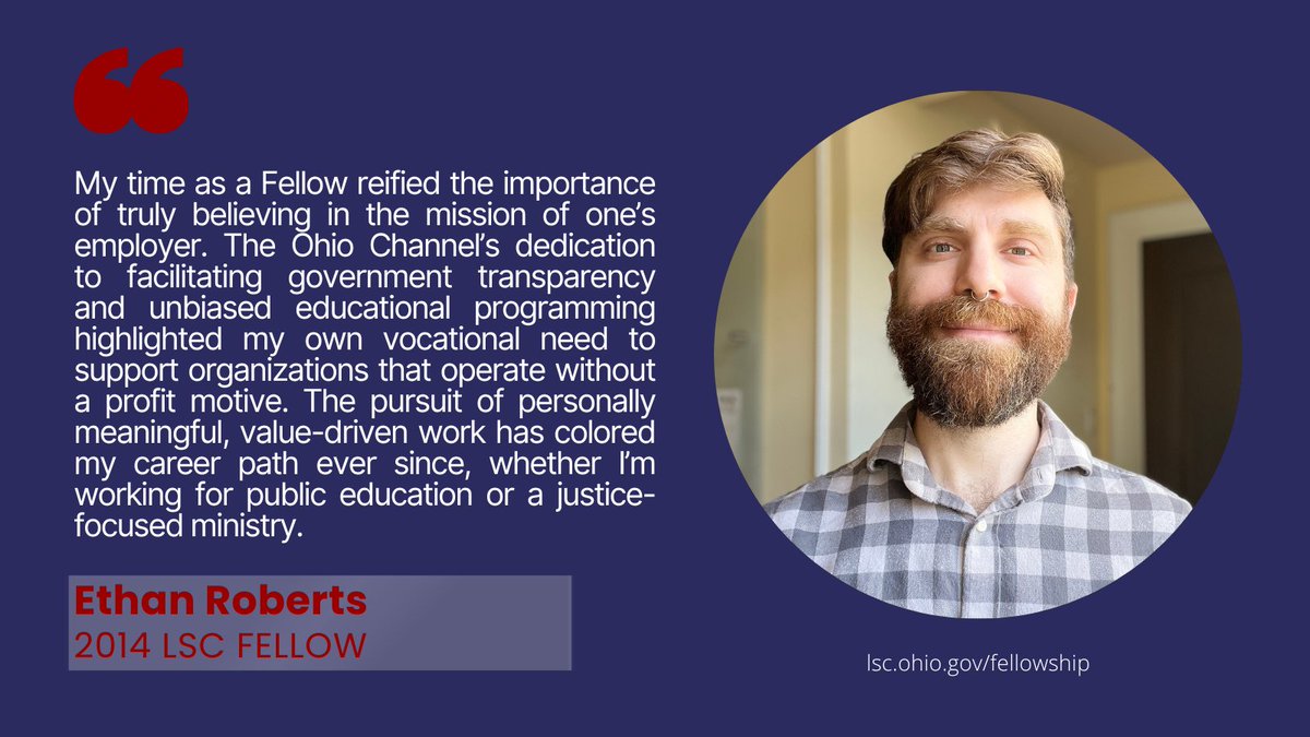 Ethan Roberts was a 2014 Fellow assigned to @TheOhioChannel He graduated from @bgsu & currently serves at Calvary Presbyterian Church in San Francisco. Read more: facebook.com/LSCFellowshipP…
#lscfellowship #ohio #stategovernment #publicservice #alumnispotlight