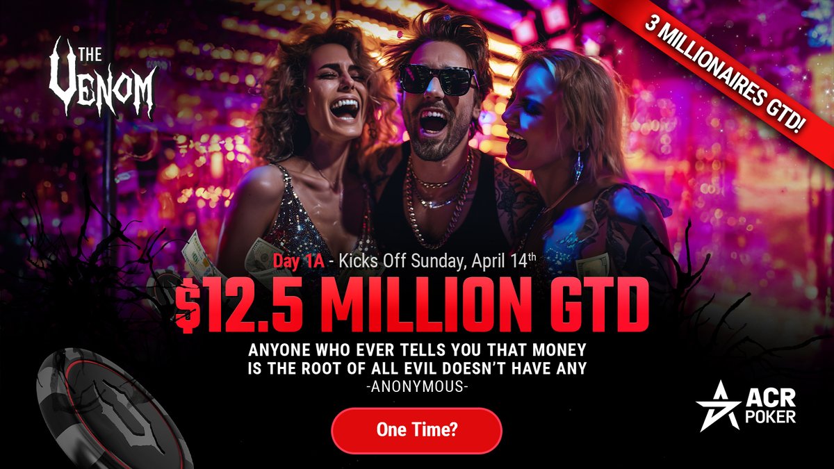 🥳It's Day 2 of the $12.5 Million Venom!
🔴LIVE twitch.tv/acr_pkr
💸Come Sweat the Action & Cash in! 
🤑Giving Away over $500 today @acr_poker

To Enter👇
🥇Retweet ($22 Giveaway)
🥈Guess when we will be ITM (mins)
🥉Comment Your ACR Nick
🏆 Tune in and keep an eye on chat!