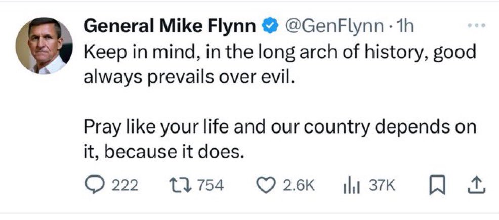 *arc Fuck off @GenFlynn, no one needs your messianic narcissism, your phobia propaganda, or your bastardization of Christianity. This isn’t the End Times, it’s a foreign influence operation being run by a traitor. #ArrestMikeFlynn