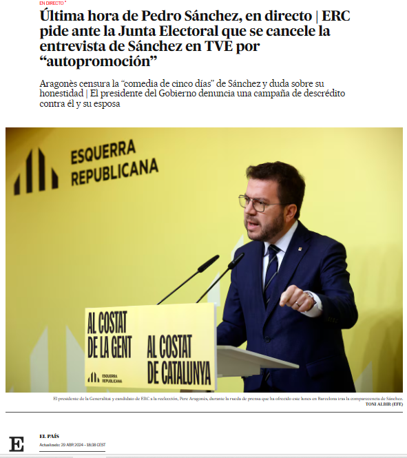 Le crecen los enanos a Sánchez: 'ERC pide ante la Junta Electoral que se cancele la entrevista de Sánchez en TVE por “autopromoción”'