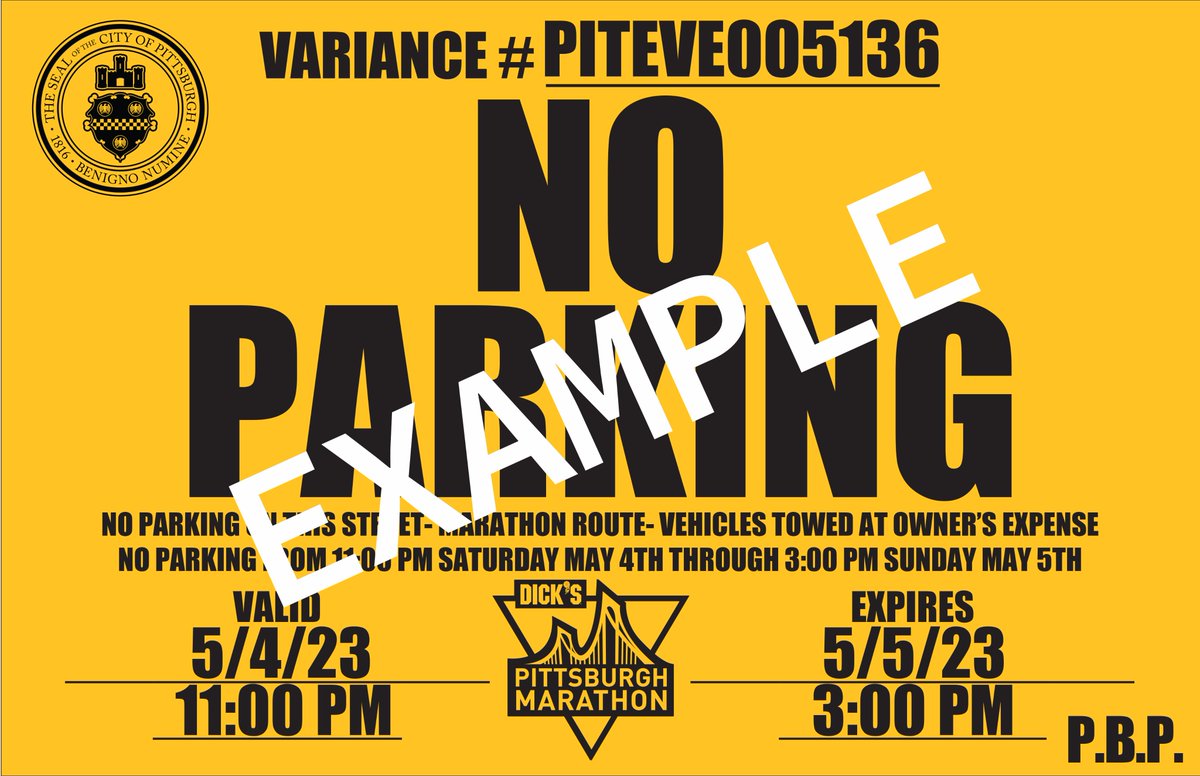 Marathon weekend is upon us! Please watch for these 'No Parking' signs along the course route. They'll be posted 48 hours in advance of race day on Sunday, May 5, 2024. Tagging and towing of vehicles will begin at 11 p.m. on Saturday, May 4th. thepittsburghmarathon.com/races/marathon
