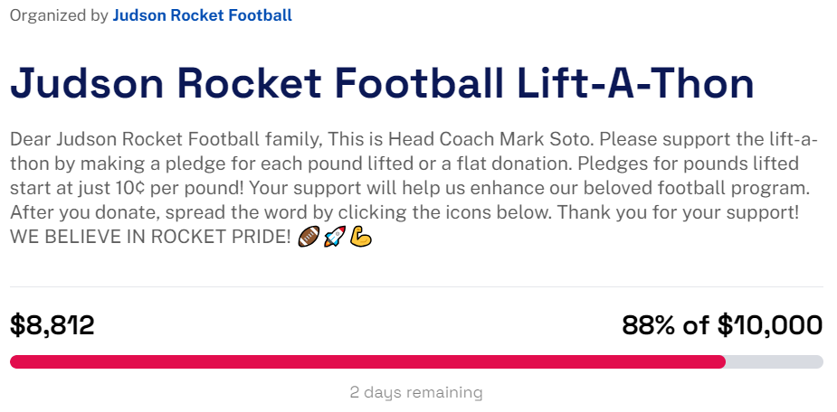 Players and Parents, we are so close to our Goal!! Please make a final push to reach our $10,000 goal for the LIFT A THON. Our boys will be maxing on the bench Wednesday Morning. Thank you for your efforts! @JISDRocketPride @JISD_ATHLETICS @JudsonFootball