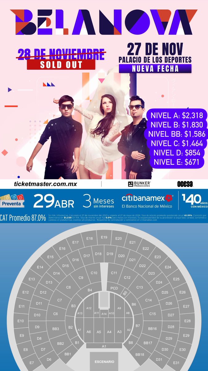 Belanova 💖 Vida en rosa Tour 💖 27 de Noviembre del 2024 🗓️ Palacio de los Deportes 🏟️ México 📍 CDMX 📍 🎟️ Preventa Citibanamex 🎟️ 11:00 AM 💳 Únicamente tarjetas débito/crédito Banamex 💳 Límite: 4 Boletos Link: bit.ly/3xSUU2c 🎟️ Precios de Boletos con Cargos 🎟️