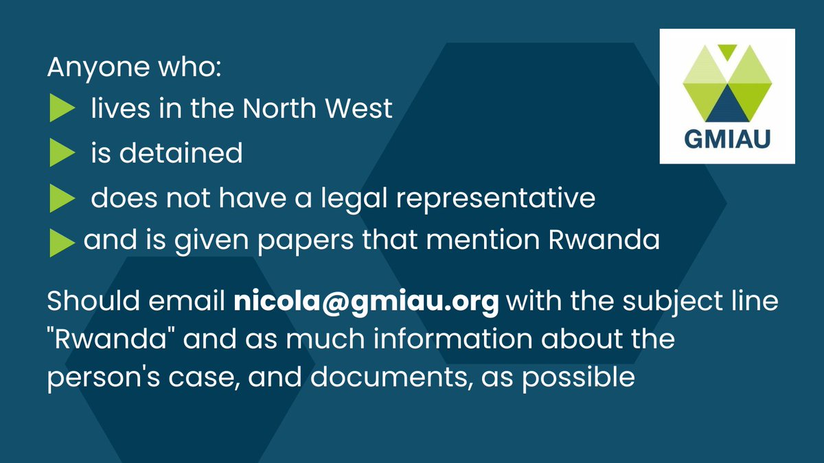 Legal update👇

With practical advice from GMIAU about what to do if you are reporting in the North West, and who to contact if you/someone you know is detained with documents from the Home Office that mention Rwanda. 

Please share:
gmiau.org/removals-to-rw…