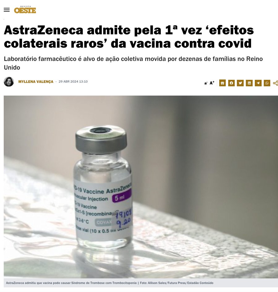 Quem diria! O fabricante da vacina favorita da Nisia, a AstraZeneca, cujo contrato com o Brasil está protegido por sigilo de 15 anos, e está suspensa em pelo menos 18 países, finalmente admite 'efeitos colaterais raros' no seu experimento contra COVID. Muito raros, com