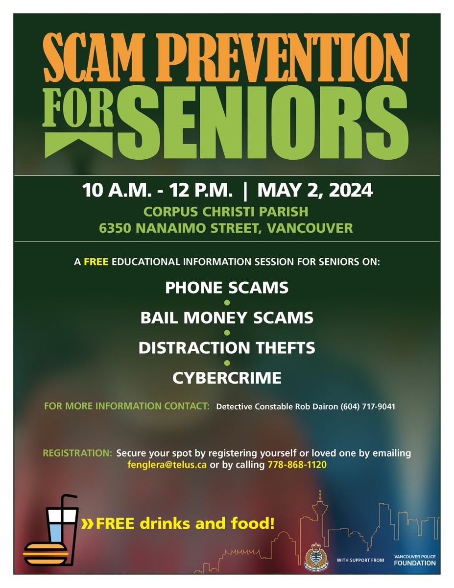 #VPD is offering a free Scam Prevention for Seniors seminar Thursday, May 2nd, 10 a.m. - 12 p.m. at the Corpus Christi Parish, 6350 Nanaimo St.

This is a great opportunity to hear from our experts on how to prevent becoming a victim of a scam. More information  #vpd…