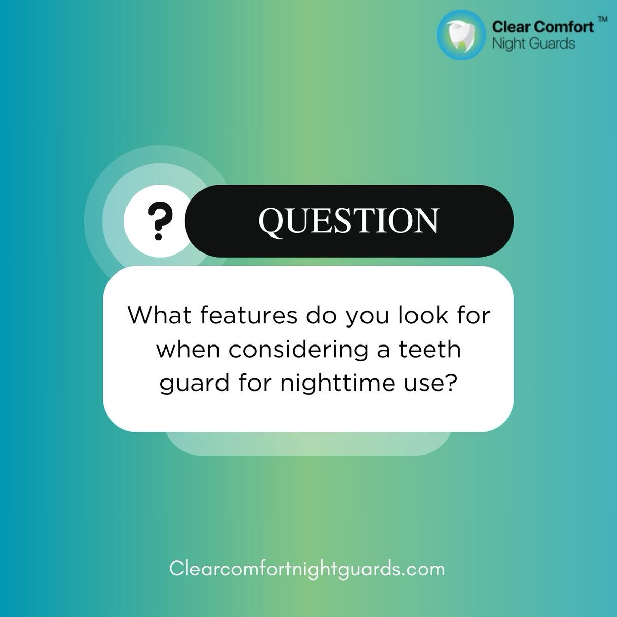 What features do you look for when considering a teeth guard for nighttime use?

#bruxism #dentist #teethgrinding #tmjdisorder #tmj #teeth #nightguard #clenching  #bruxismo #smile #grinding #bruksizm #dentaltreatment #stress #mouthguard #oralhealth