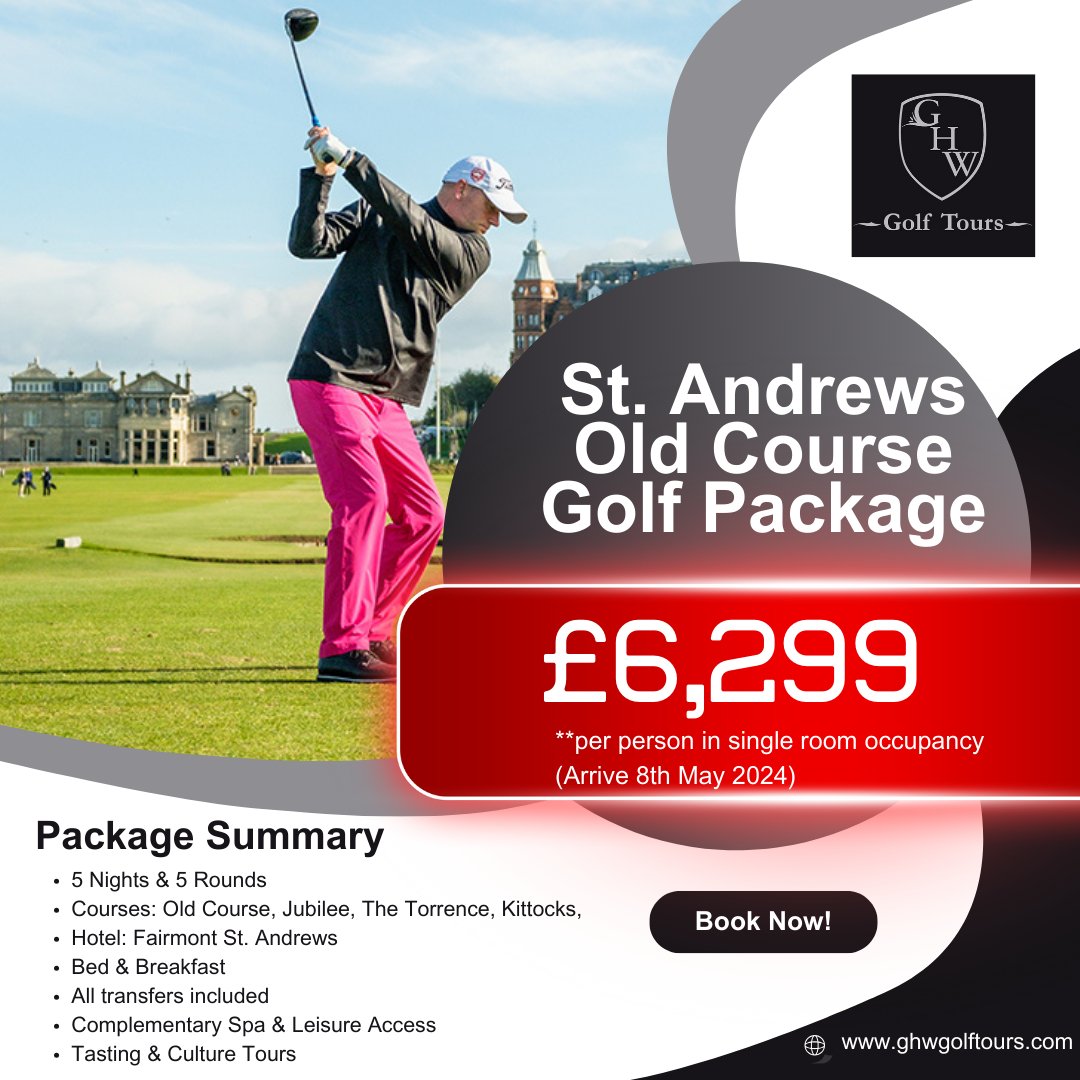 Premium St. Andrew's Package arriving on May 8th, 2024! ⛳🏴󠁧󠁢󠁳󠁣󠁴󠁿❤️

Check it out and book here:- bit.ly/3SjIkk8

#scotlandgolfholidays #scotlandgolfbreakdeals #Scotlandgolfcourses #GolfbreaksUK #ScotlandTravel #Scotlandgolfpackages #StAndrewsOldCourseGuaranteed