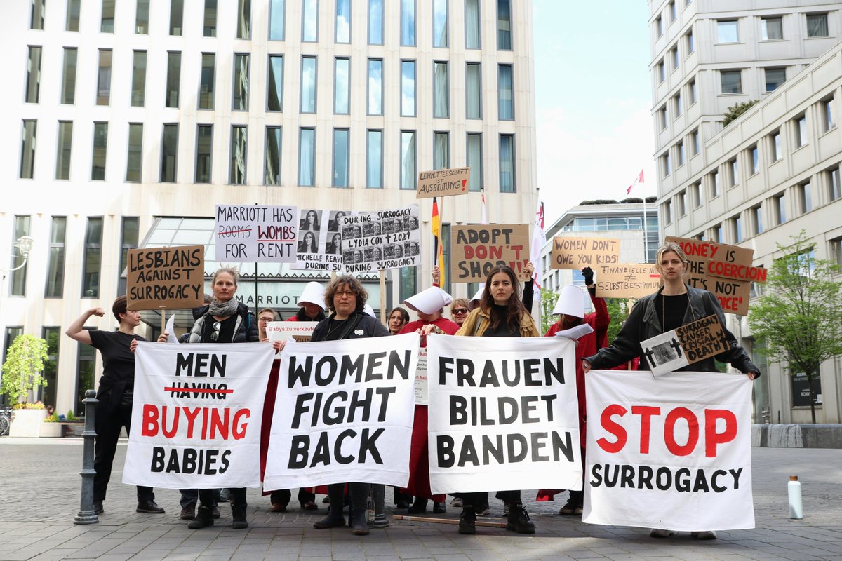 On April 26 2024, three feminist groups organized a protest outside the Berlin Marriott Hotel, where surrogacy was advertised to men at the 'Men Having Babies' conference.

@FEMENGermany 
@TDFBerlin