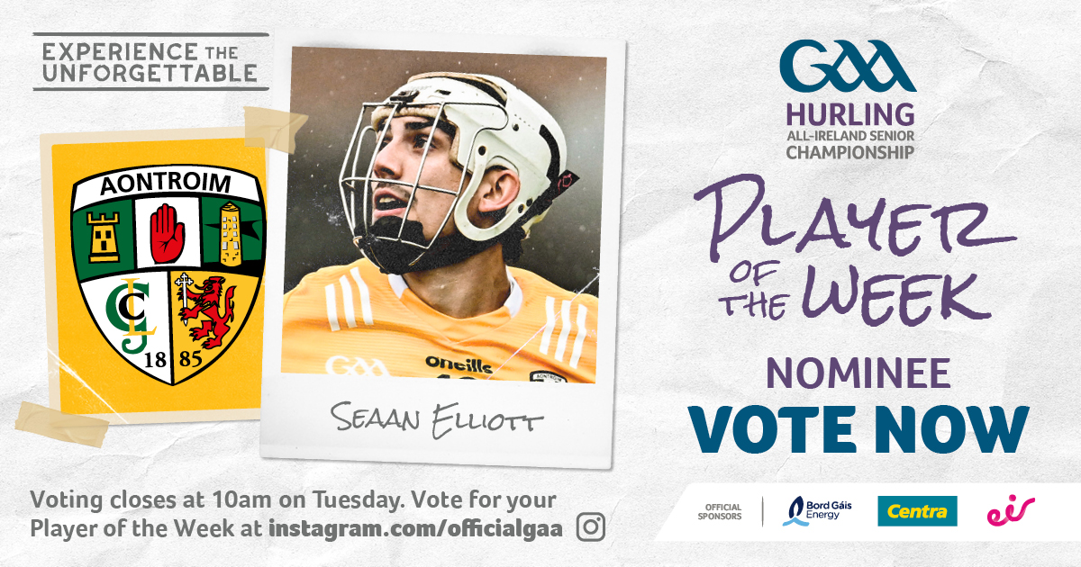 Midfielder Seaan Elliott was at the heart of @AontroimGAA's impressive win over Wexford on Saturday. He scored 1-3 and battled ferociously for breaking ball throughout the contest. Has he earned your vote? 🗳️