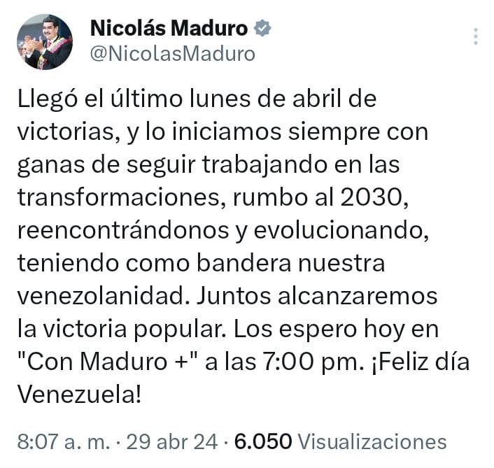 #CISPAlDia || @NicolasMaduro: Seguimos trabajando en las transformaciones rumbo al 2030

'Juntos alcanzaremos la victoria popular Los espero hoy en 'Con Maduro +' a las 7:00 pm. ¡Feliz día Venezuela!', expresó el Jefe de Estado

#29Abr #MetaCumplida
#VenezuelaPaisDeEsfuerzoPropio