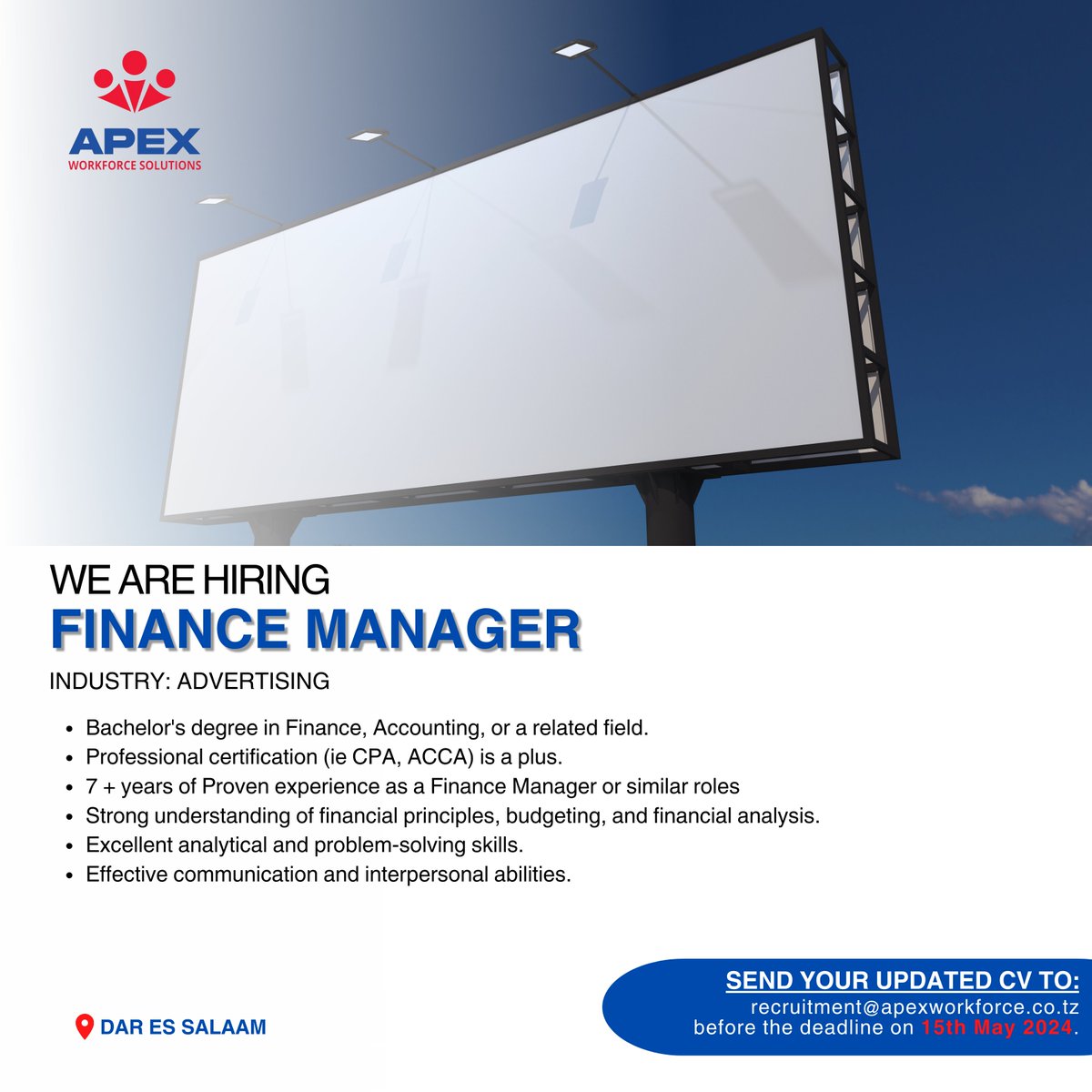 Join our client as they navigate the financial landscape, optimize performance, and drive business growth.  #FinanceManager #AdvertisingIndustry 
Apply now through, recruitment@apexworkforce.co.tz
Deadline: May 15, 2024