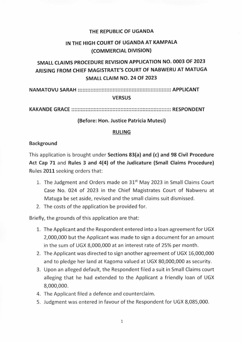 Mutesi J Sets Aside Judgment✍️Magistrate was unjust & unfair, Although Applicant admitted signing agreement, it was exploitative it implied rate of 400% for friendly loan btwn parties✍️ 400%(6M) for every 8 months would imply an interest of 600% per year on 2M Principal Loan⏬