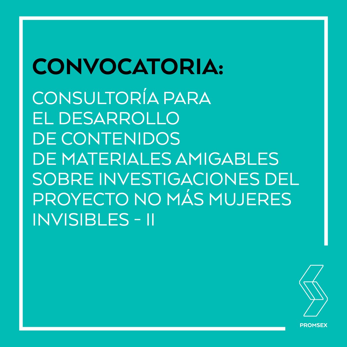 #CONVOCATORIA | En Promsex, buscamos un(a) profesional de Comunicación, con experiencias en la elaboración de materiales educativos para el desarrollo de contenidos amigables del proyecto No Más Mujeres Invisibles. Leer TDR: bit.ly/3UBFxEh 📌 Postula hasta: 🗓️ 3 de mayo