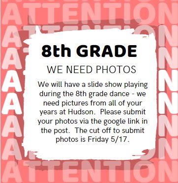 ‼️📷‼️📷‼️8th Grade Parents!!! We are creating a slide show for the 8th Grade dance, and we need photos!!! Please submit photos through the link below by May 17th. Thank you!!! ‼️📷‼️📷‼️

drive.google.com/drive/folders/…