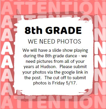 ‼️📷‼️📷‼️8th Grade Parents!!! We are creating a slide show for the 8th Grade dance, and we need photos!!! Please submit photos through the link below by May 17th. Thank you!!! ‼️📷‼️📷‼️ drive.google.com/drive/folders/…