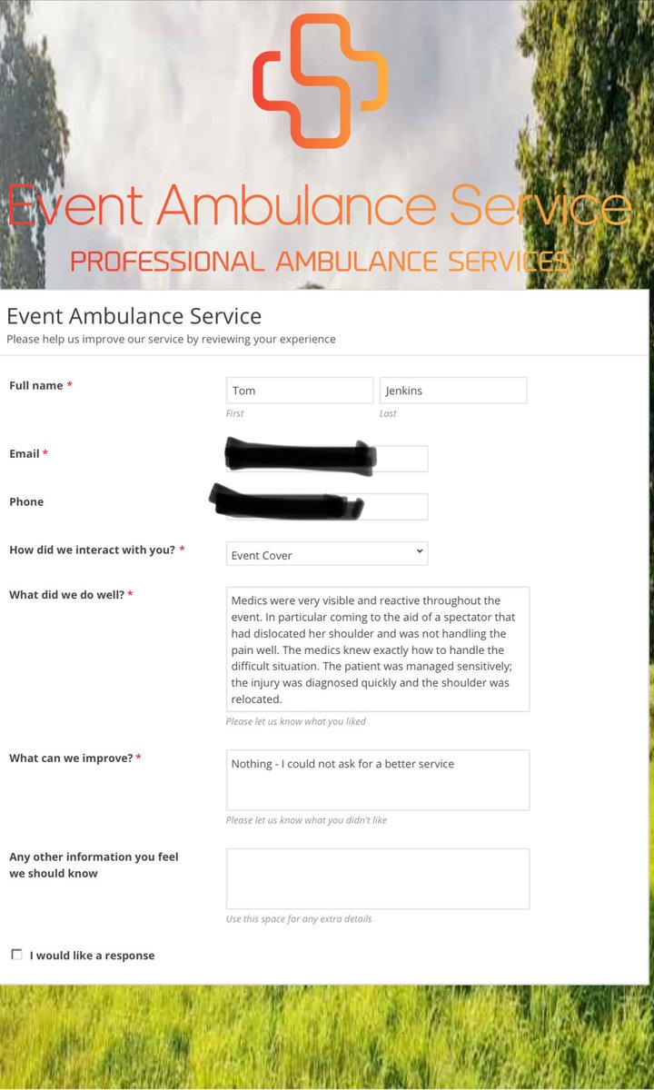 First use of our feedback cards goes to patients and organisers this weekend.. 

What can we do to improve? “nothing - couldn’t ask for a better service” 

#OneJobDoneWell #WeDontPlayBeingMedic #ThisIsTheDayJob #EventMedics #TrustedCompany #EventAmbulanceService