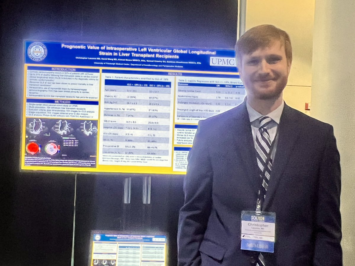 Fellow Christopher Lacomis presenting research on left ventricular global longitudinal strain in liver transplant recipients #SCA2024 @PittAnes @InstituteStarzl