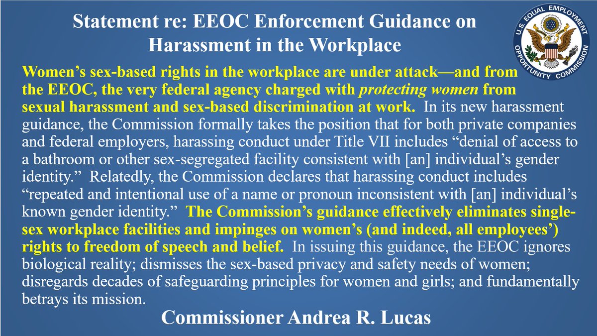 My statement regarding my vote to disapprove @USEEOC's Enforcement Guidance on Harassment in the Workplace.