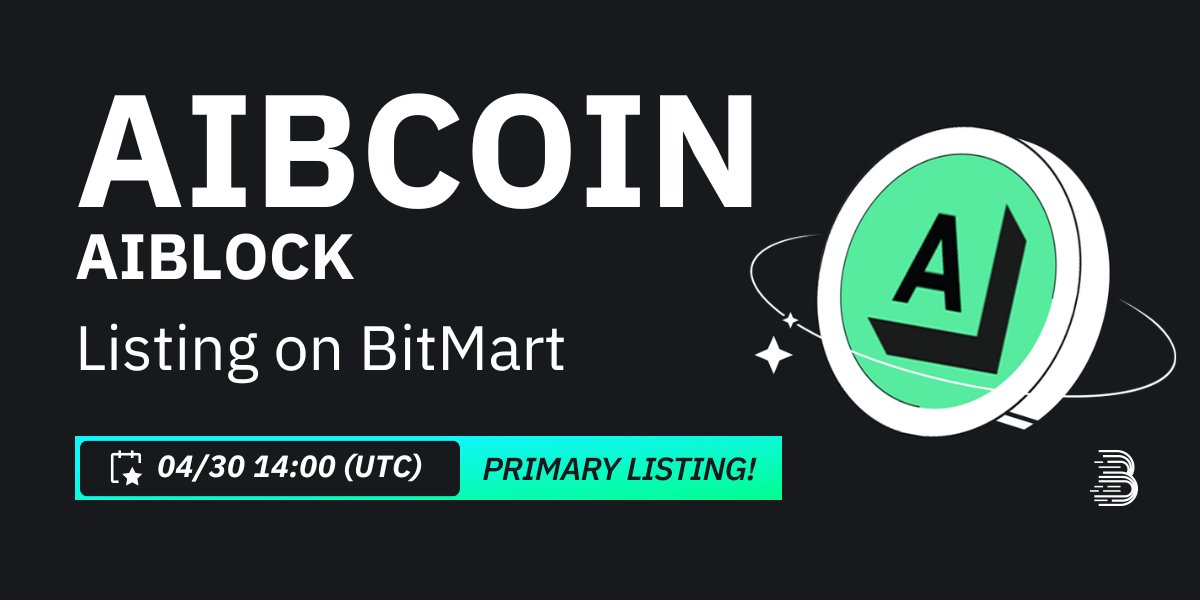 We are excited to announce that the exclusive primary listing of our token, AIBCOIN, will be on @BitMartExchange 🎉💰 More info: ⬇️ Trading pair: $AIBCOIN/USDT Deposit: 4/29/2024 2:00 PM UTC Trading: 4/30/2024 2:00 PM UTC Learn more: support.bitmart.com/hc/en-us/artic… #AIBlock: Built…