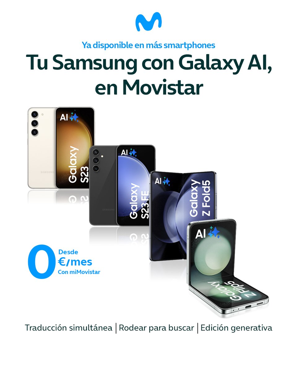 Ahora tienes más opciones para disfrutar de las alucinantes funcionalidades de Galaxy AI, ya disponible también en las series Galaxy S23, S23 FE, Z Fold5 y Z Flip5. ✨ Elige el tuyo con miMovistar 👉bit.ly/SGalaxy_AI