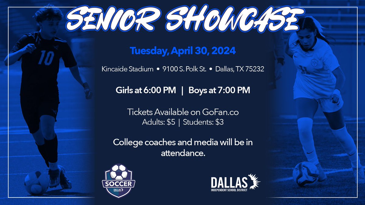 Join us Tuesday evening at Kincaide Stadium for the Senior Showcase ⚽️