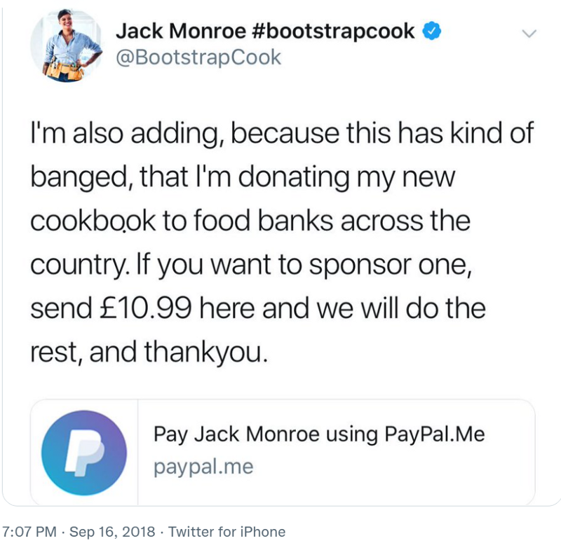 @ReadReceiptOnX @Panicyenot @RachelCDailey @BootstrapCook Did we ever find out how many cookbooks Jack Monroe actually sent to foodbanks after this particular grift?