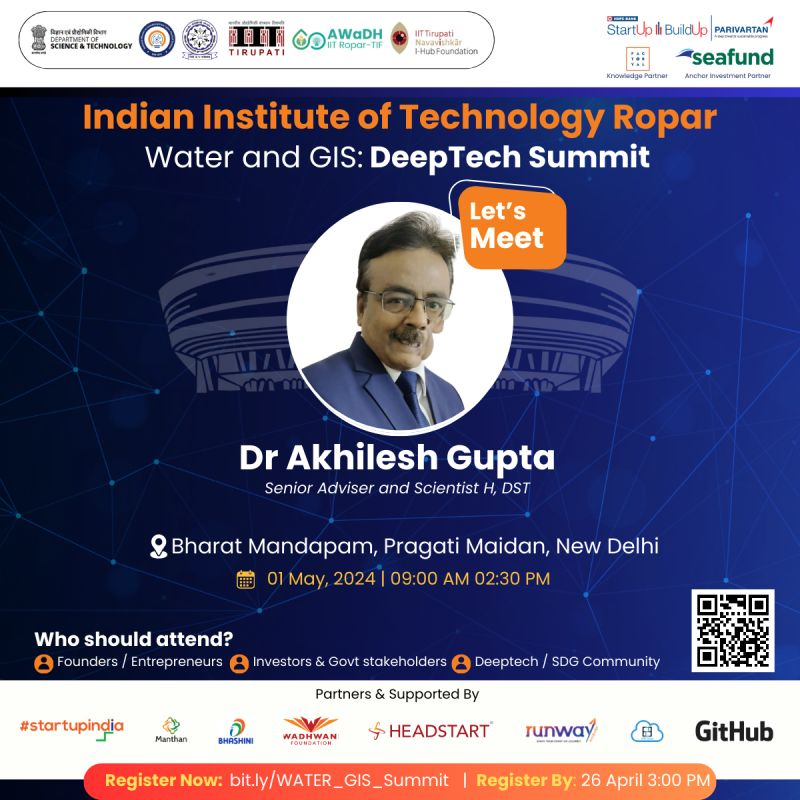 Dr. Akhilesh Gupta @guptaakhilesh63 , Adviser at DST, will be the Chief Guest at our Water and GIS: DeepTech Summit. Join us on May 1 at Bharat Mandapam, Delhi, to hear insights from Dr. Gupta and celebrate innovative startups. Apply now: bit.ly/WATER_GIS_Summ… @IndiaDST