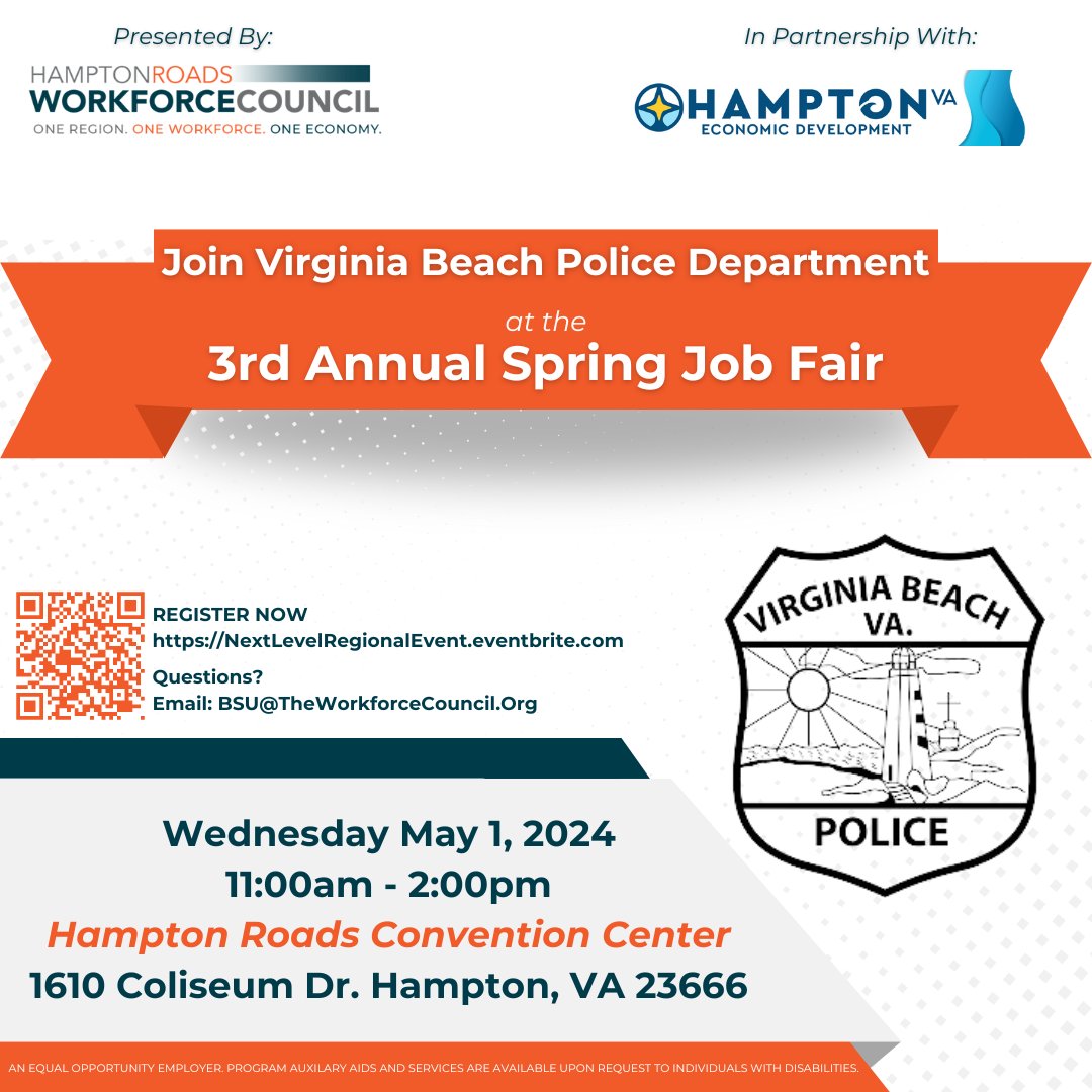 This Wednesday: @HRWorkforceCoun Spring #JobFair, 11 AM - 2 PM @ the #HamptonRoads Convention Center.

Register: NextLevelRegionalEvent.eventbrite.com

Connect with a #VBPD recruiter: recruit@vbgov.com or sign-up for info at vabeachpolicejobs.com.

#VirginiaBeach #VA #NowHiring #PoliceJobs