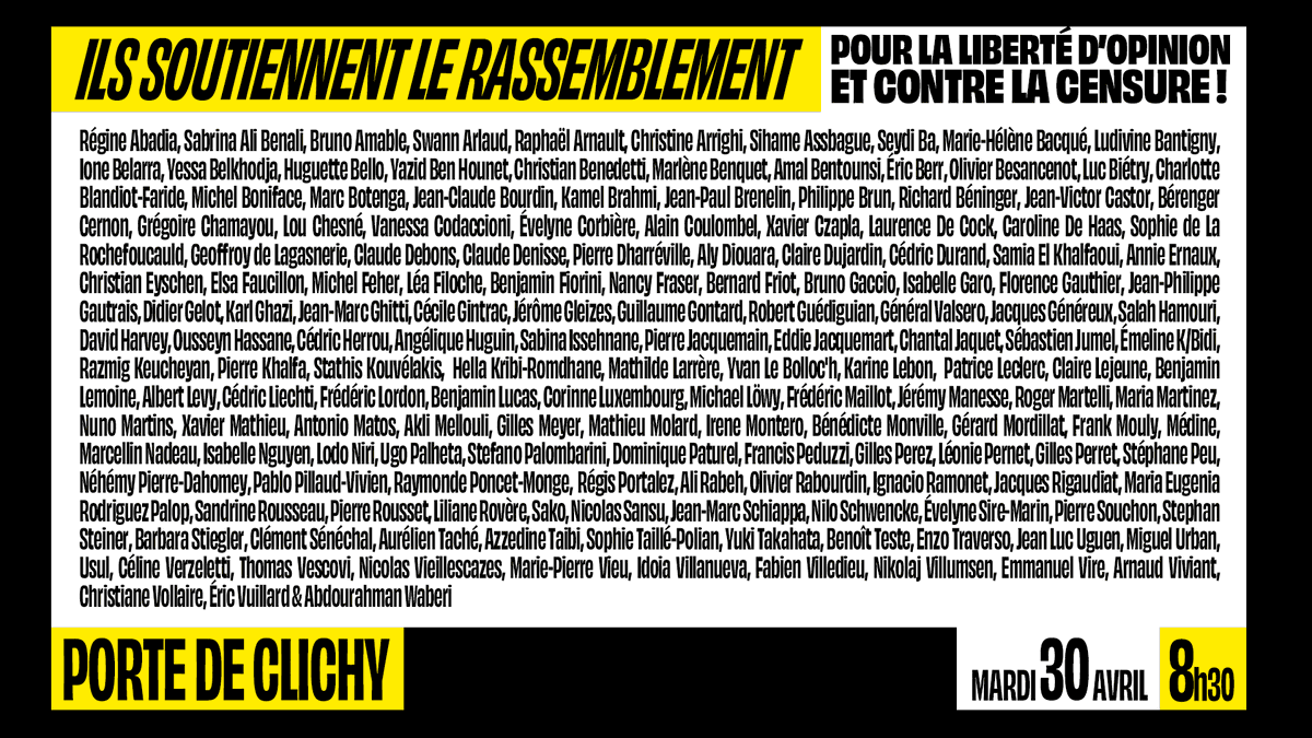 🔥 Plusieurs dizaines d'organisations et de personnalités soutiennent ce rassemblement et appellent à y participer. ✅ RDV demain à 8h30, Porte de Clichy à Paris ! #ContreLaCensure