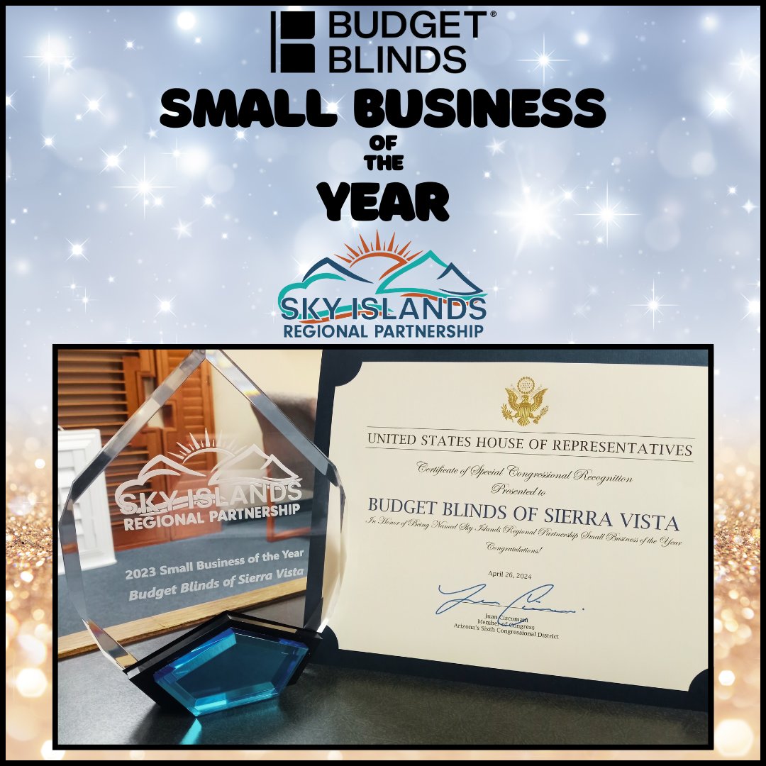 We are thrilled to announce that we're the 2023 Small Business of the Year! But wait, there's more! We've received Congressional Recognition from @RepCiscomani ! Thank you for the support from our community. #SmallBusinessOfTheYear #Grateful #BudgetBlindsSV #BudgetBlinds #SIRP
