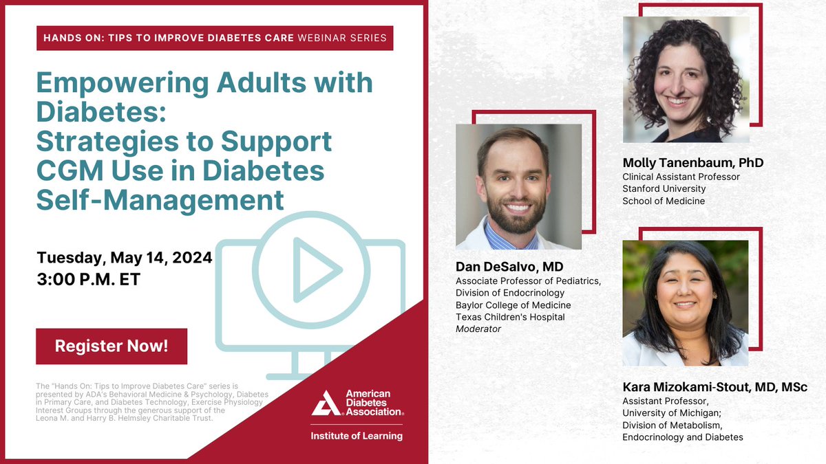Join us May 14, 3:00 p.m. ET for a panel discussion webinar: 'Empowering Adults with Diabetes: Strategies to Support CGM Use in Diabetes Self-Management.' Featuring speakers Molly Tanenbaum, PhD, and @KMizokamiStout, moderated by @MDwithT1D. Register here: bit.ly/4ctO4QF