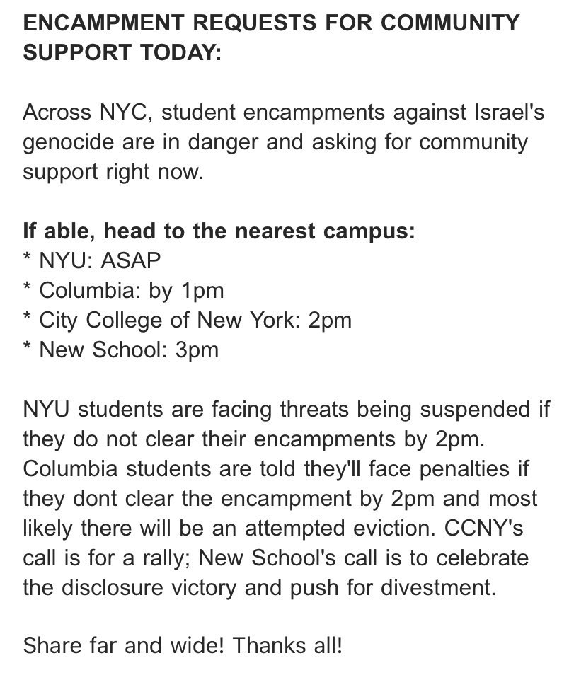 🚨🚨Get to your nearest campus encampment this afternoon 🚨🚨